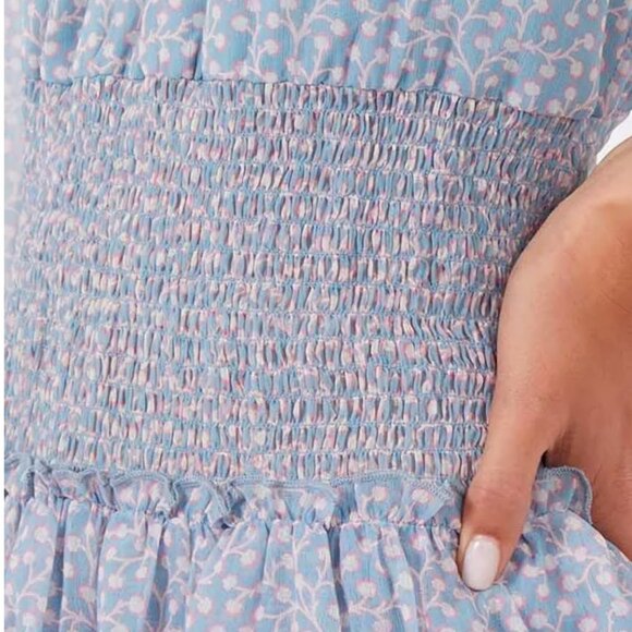 NEW French Connection Sheer Smocked Waist Tiered-Skirt Blue Dress - Picture 8 of 16